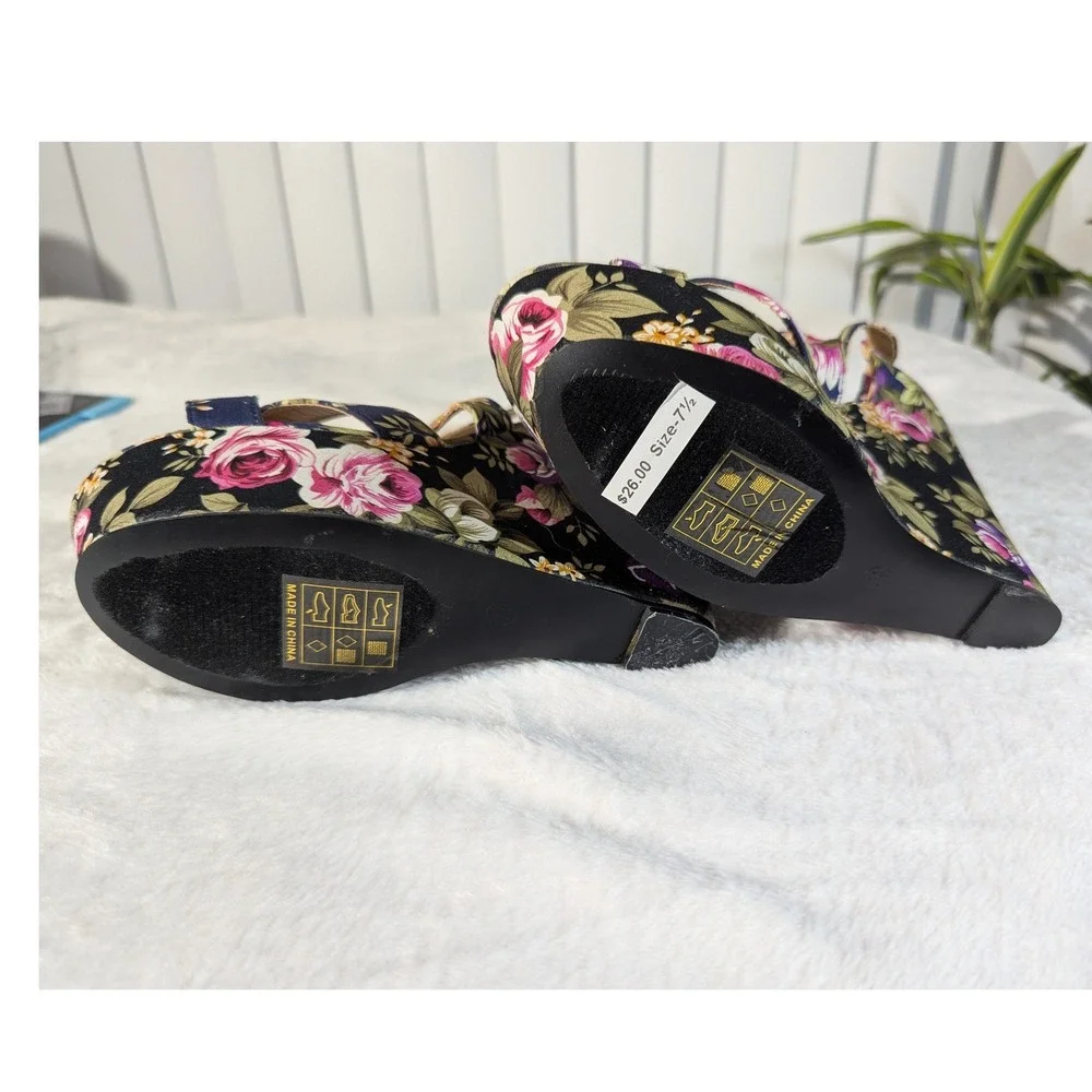 Anna Wedge Sandals Womens 7.5 Navy Floral New Platform Ankle Strap Heels